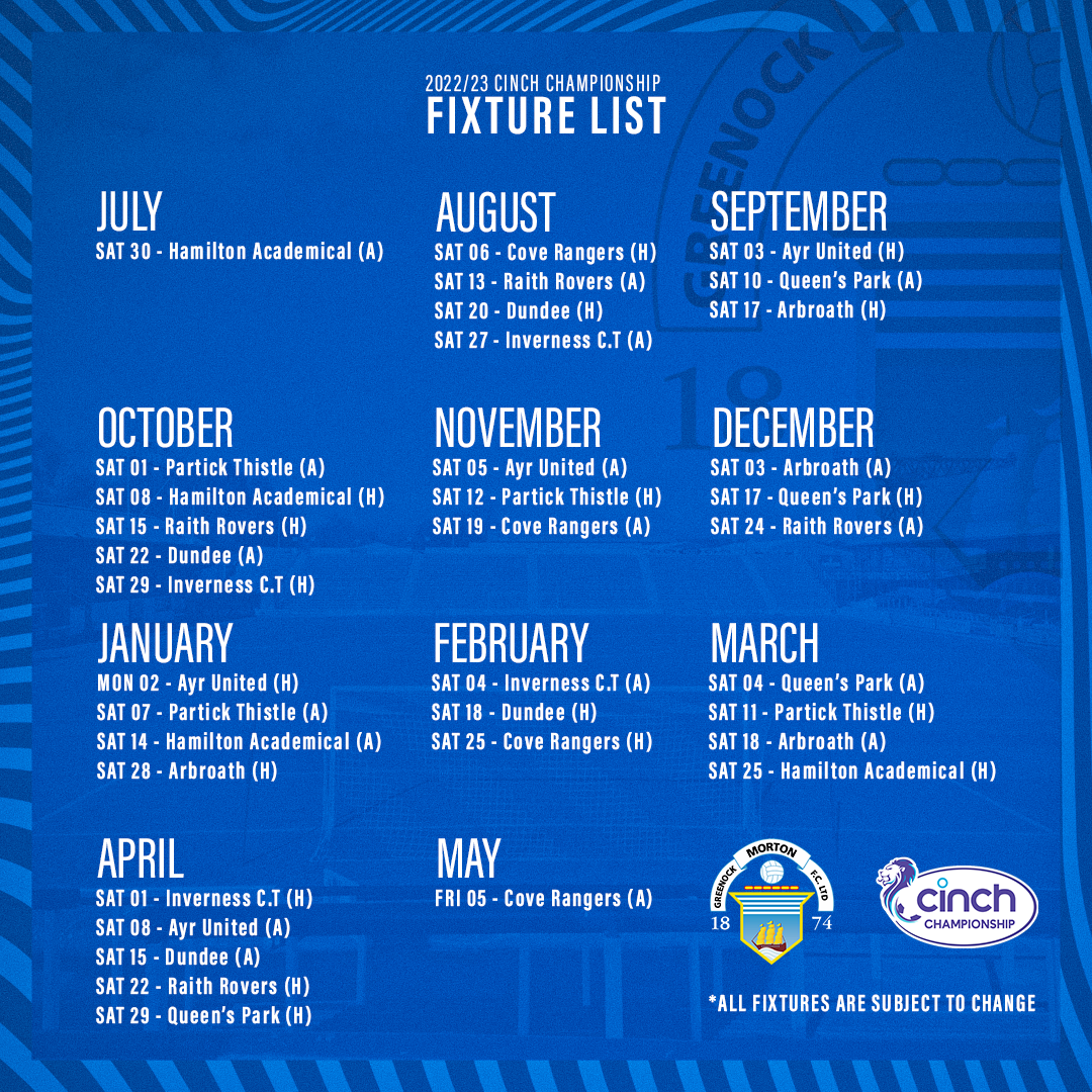 2022/23 cinch Championship Fixtures Announced - Greenock Morton FC